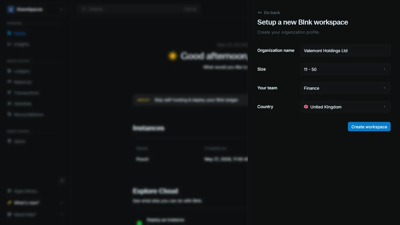 Add workspace form with organization name, size, and country fields