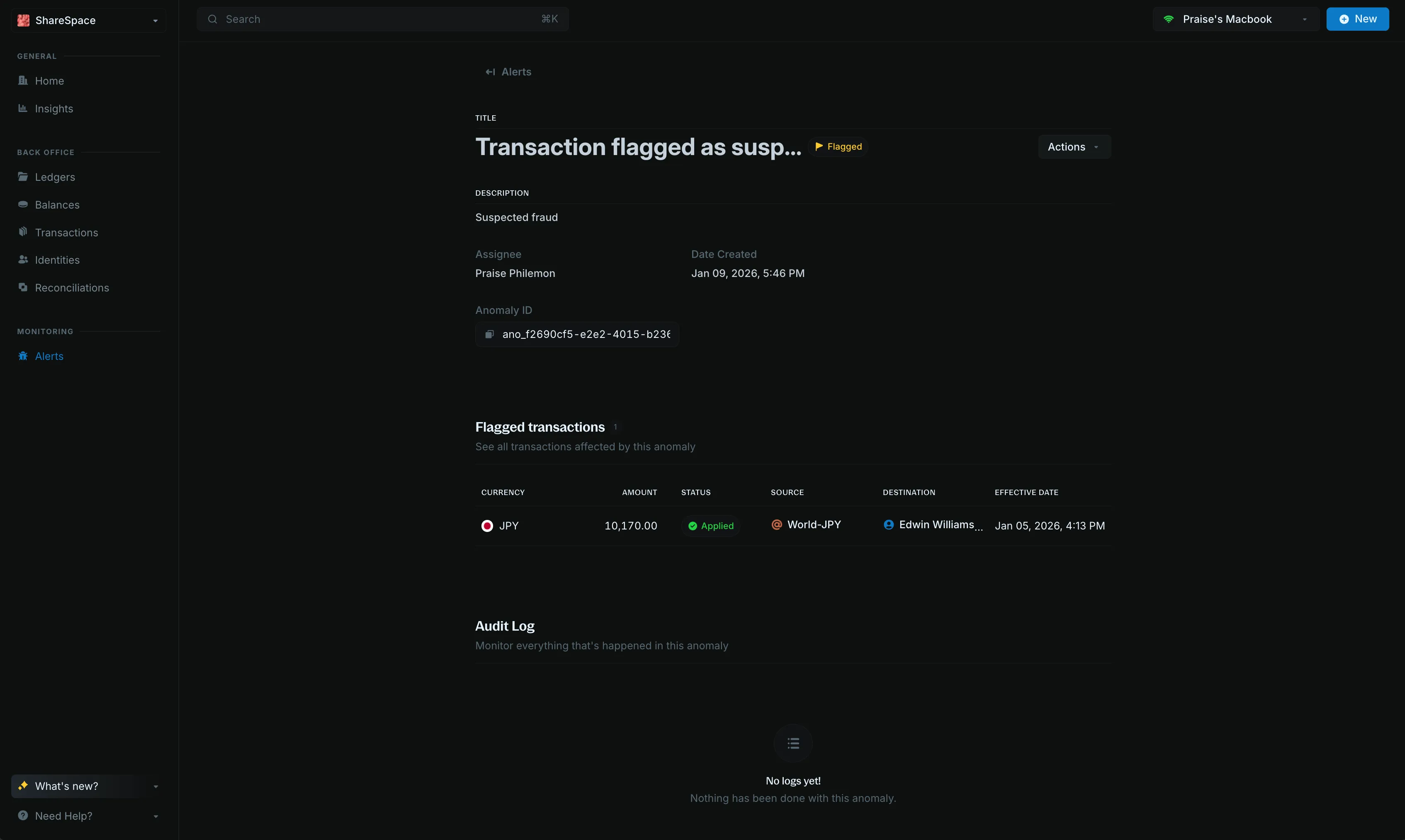 Alert full details page showing flagged records and audit log