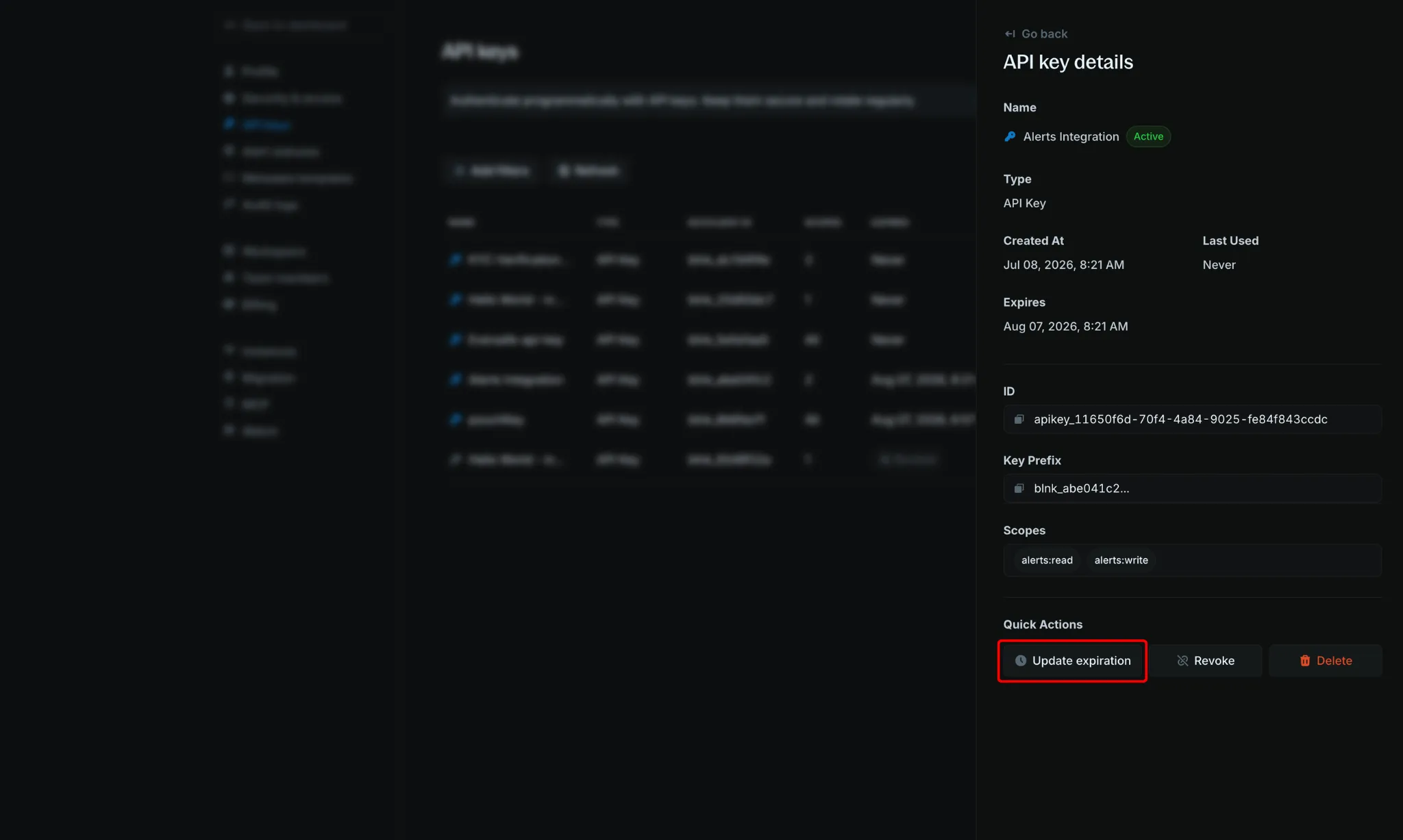 API key details panel with Update expiration highlighted in Quick actions
