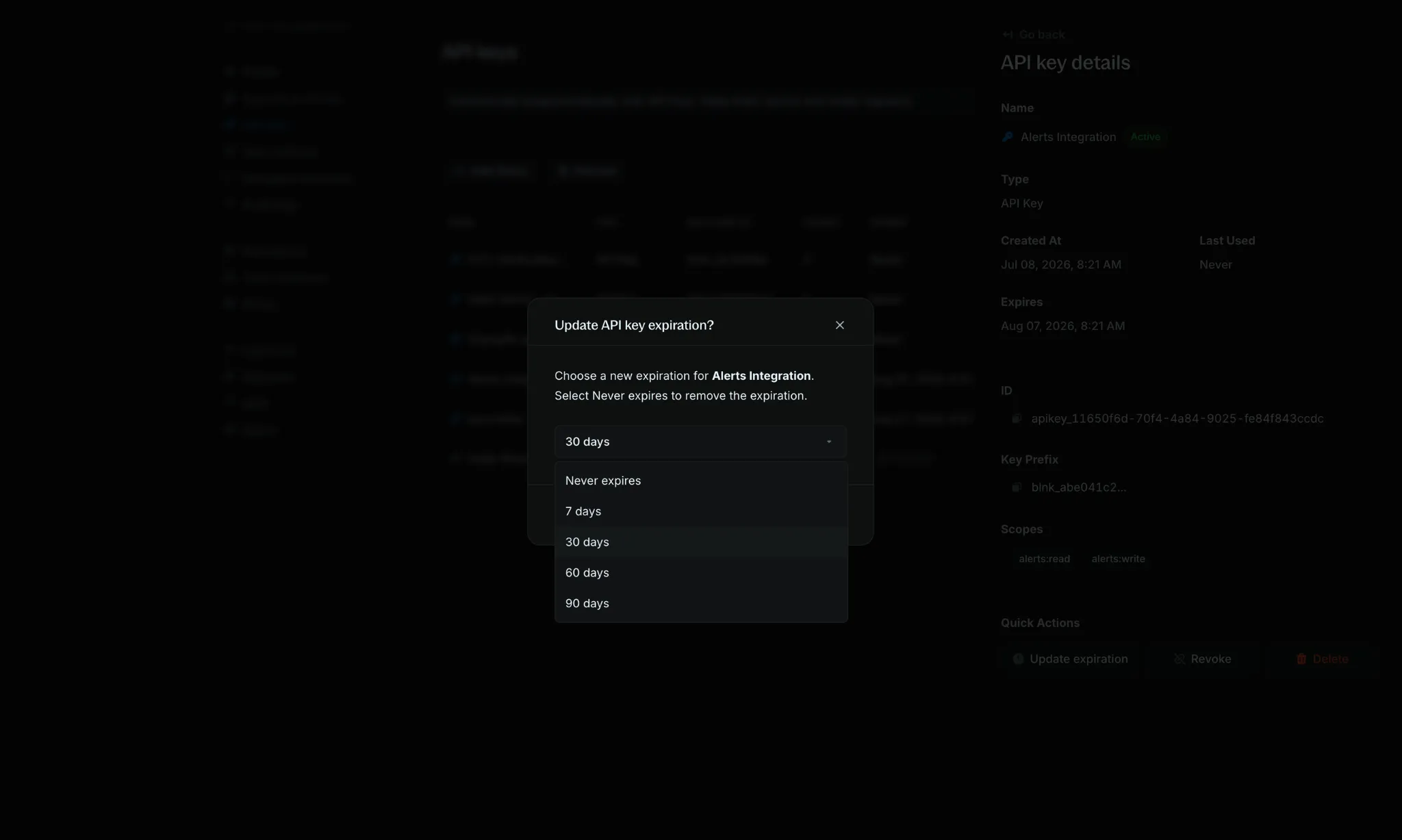 Update API key expiration modal with expiration options