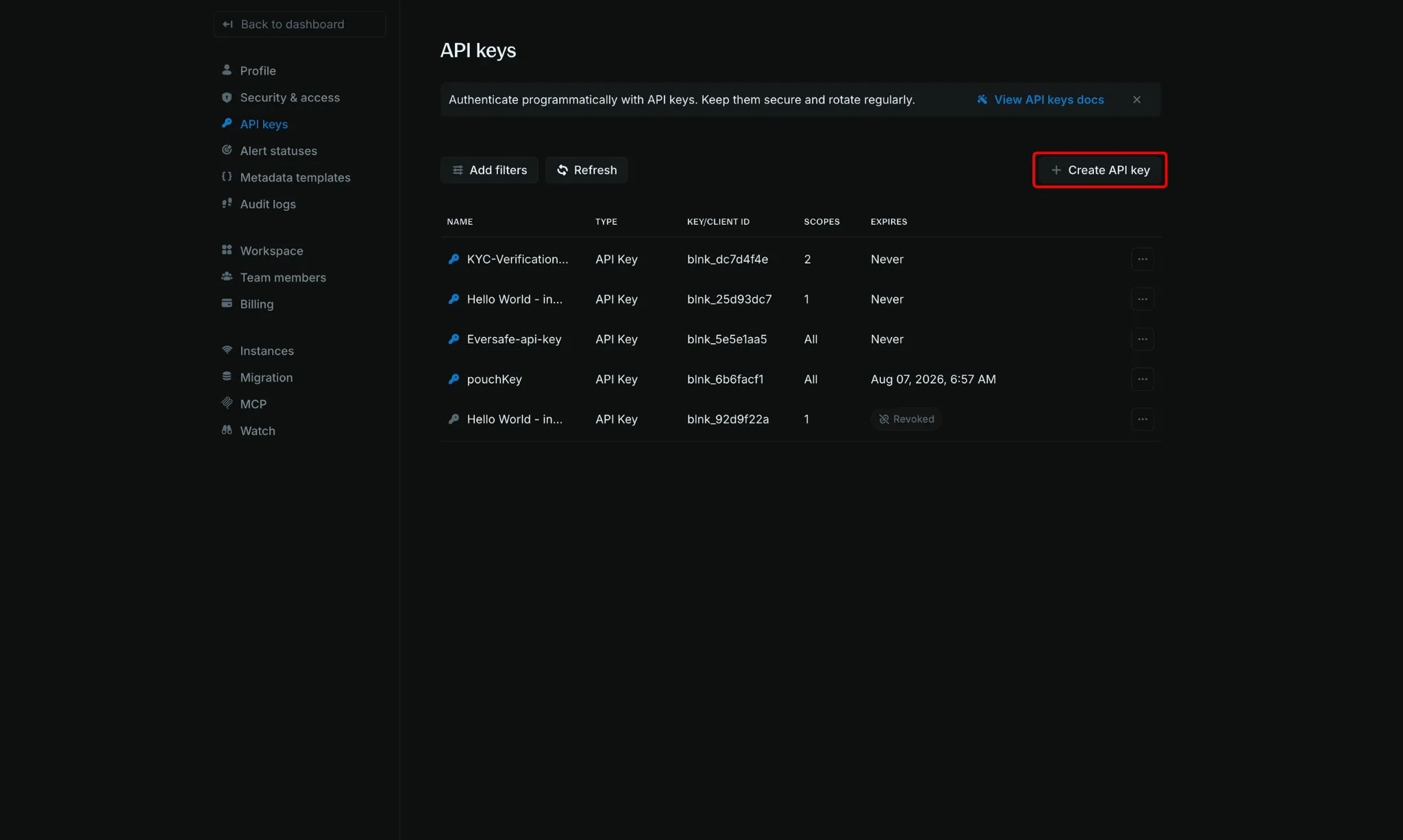 API keys page with the Create API key button highlighted