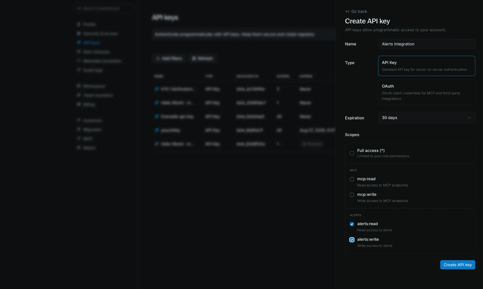 Create API key panel with name, type, expiration, and scopes