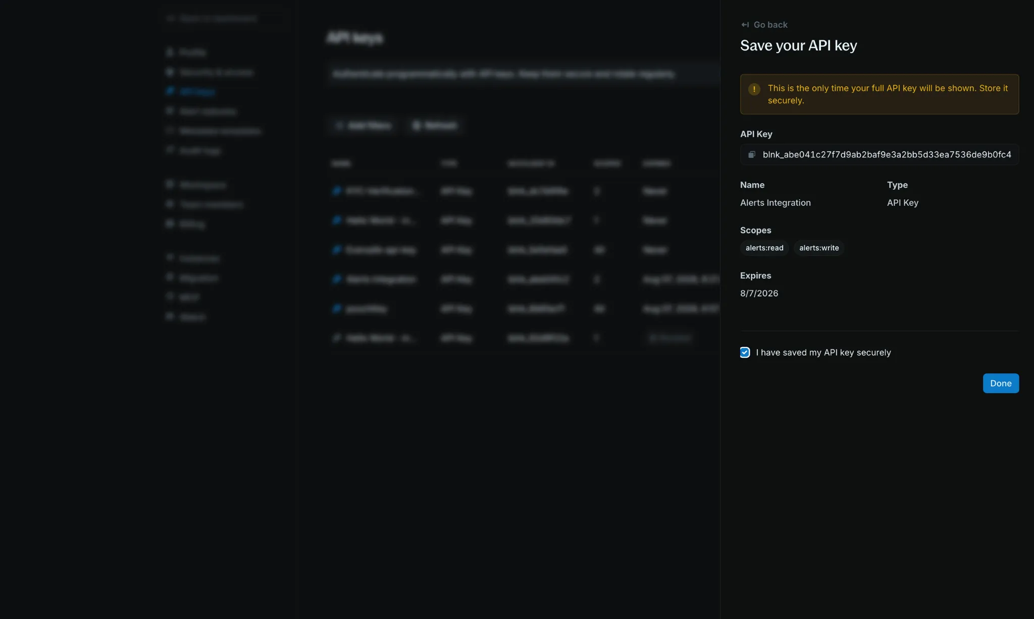 Save your API key panel showing the full key and expiration details