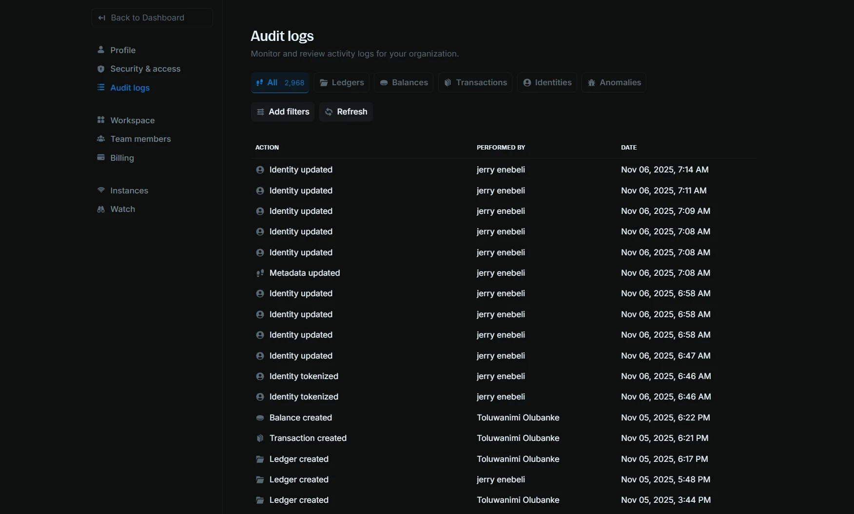 Audit logs page showing activity history