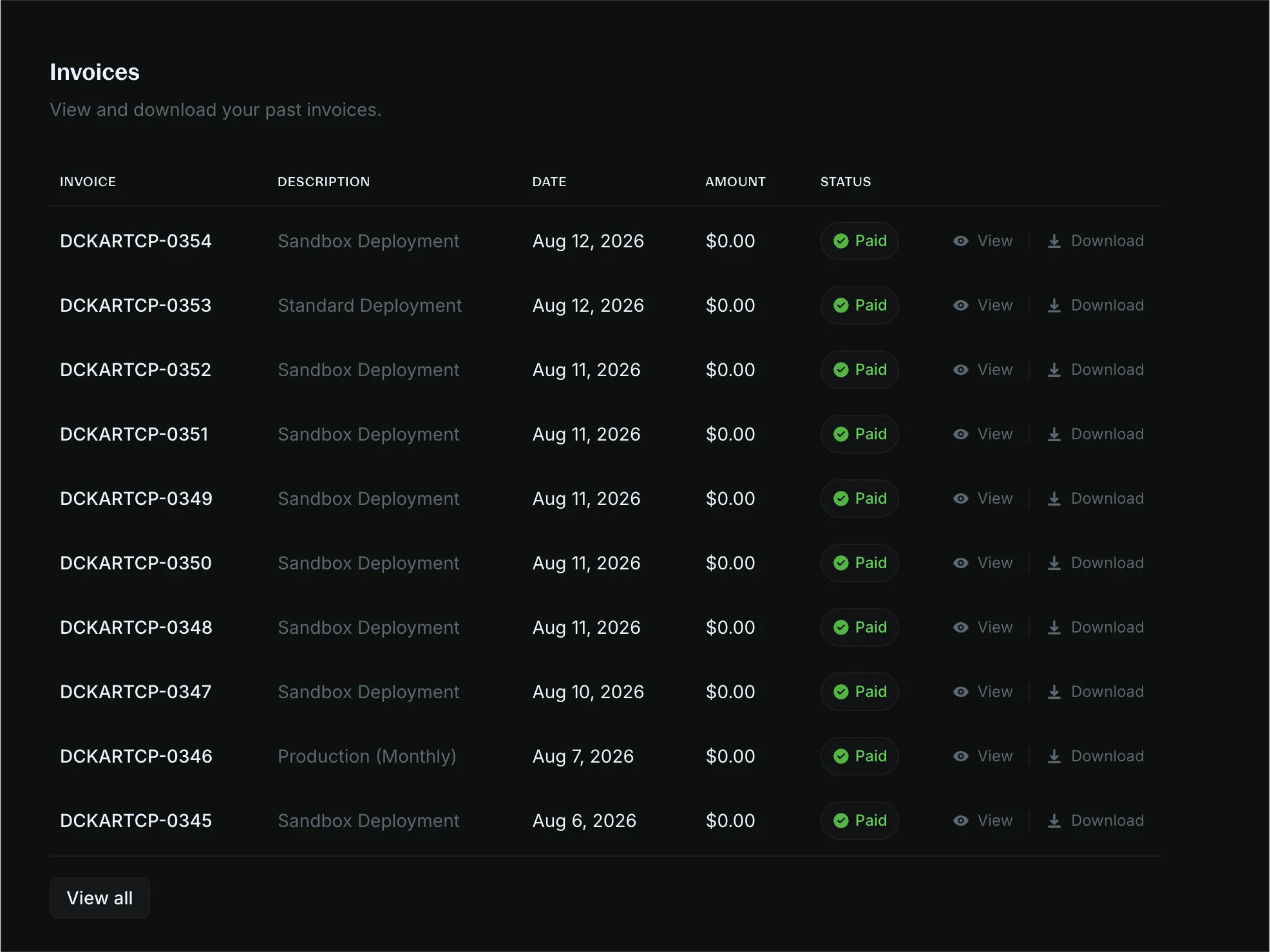 Billing page invoices table showing invoice number, description, date, amount, and payment status