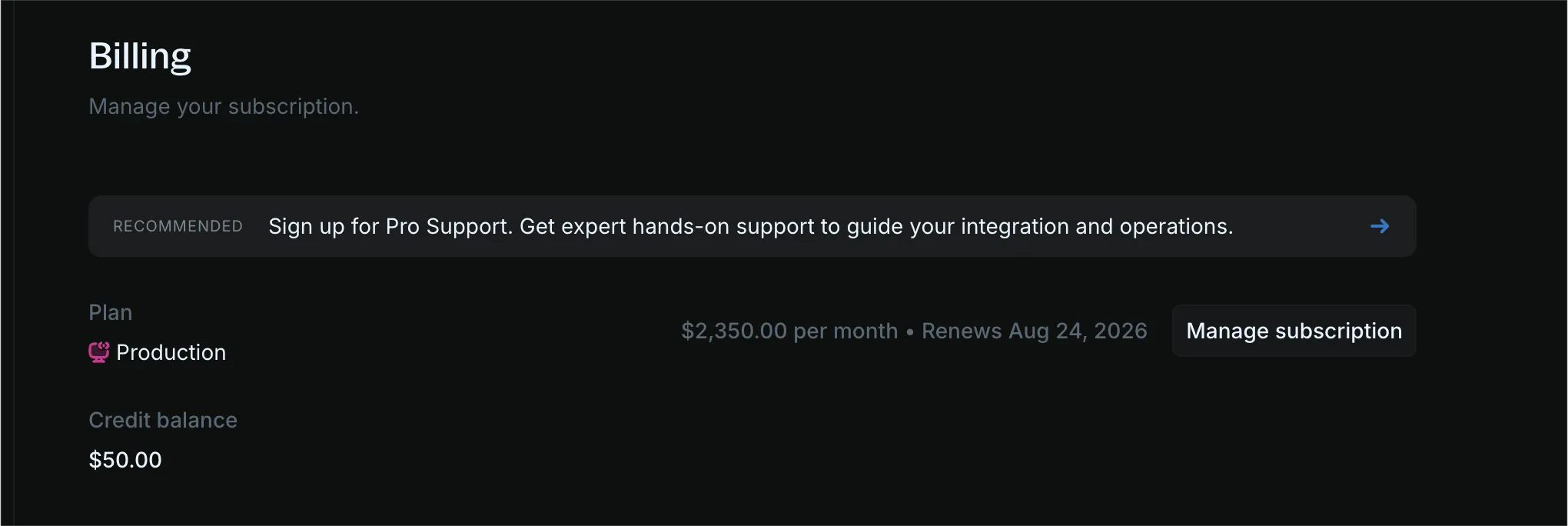 Billing page Plan card showing the Manage subscription button