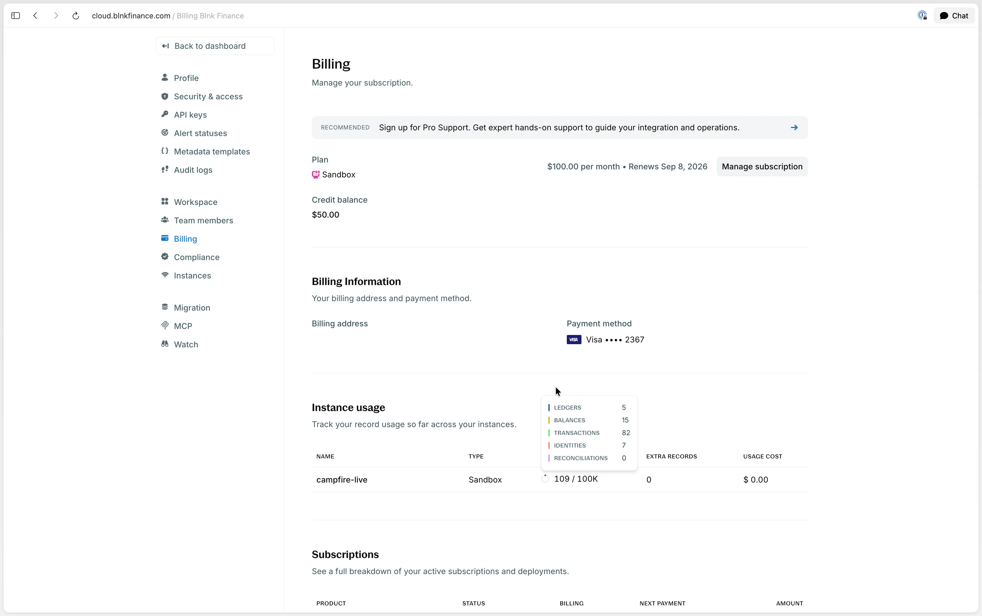 Billing Instance usage table with a tooltip breaking down records