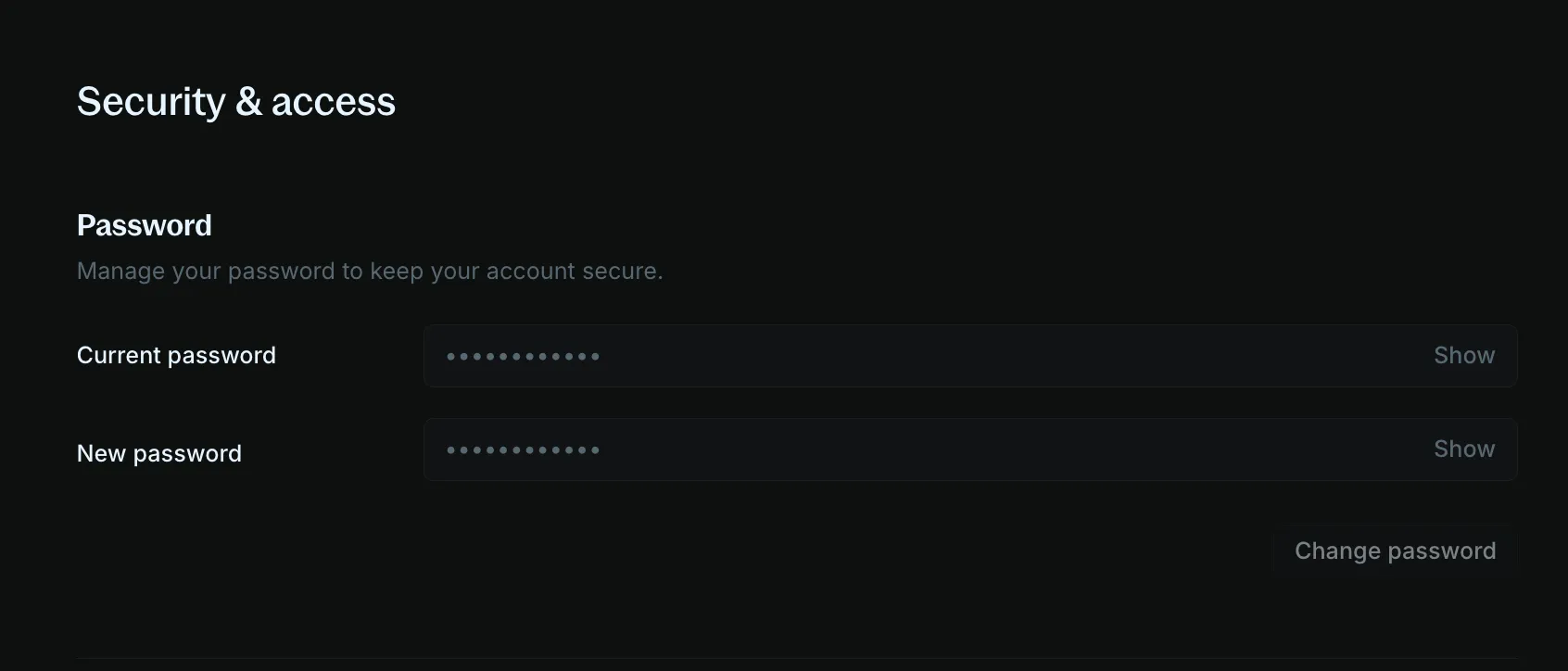 Change Password form with current and new password fields