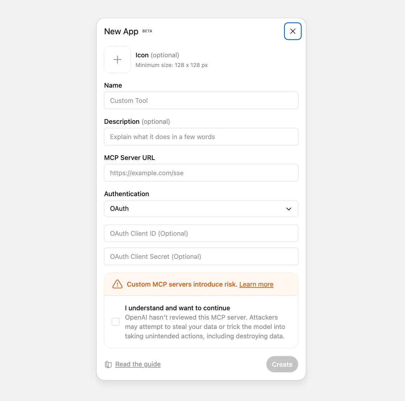 ChatGPT MCP app form with name, server URL, and OAuth fields