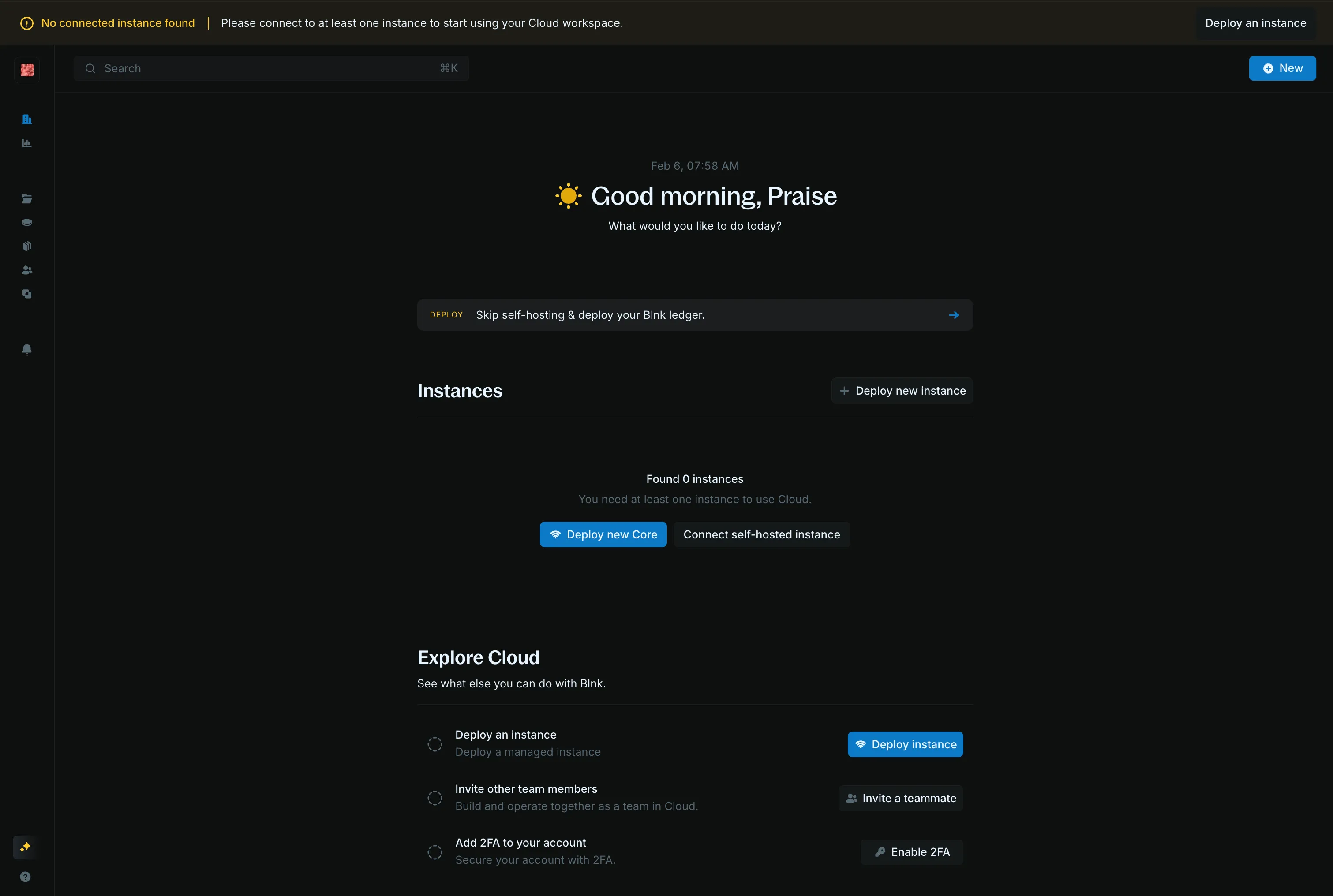Blnk Cloud homepage with Deploy new Core