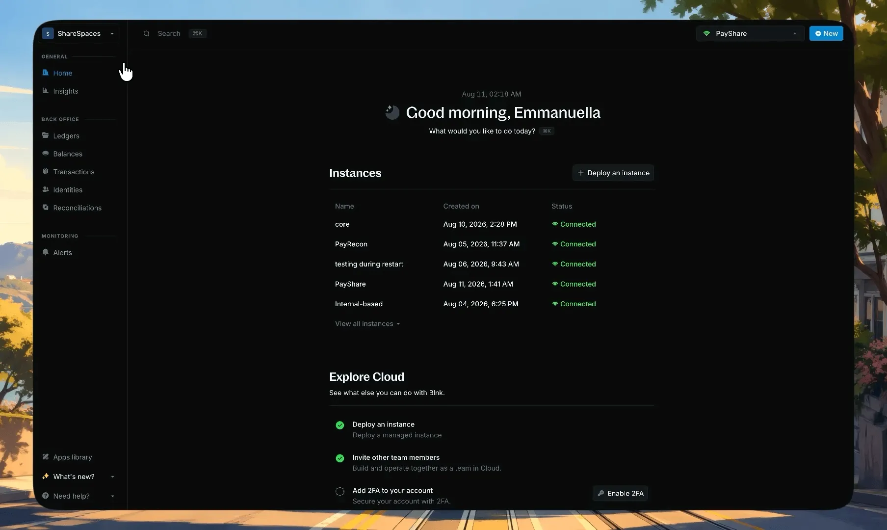 Instance details after the connection is Connected
