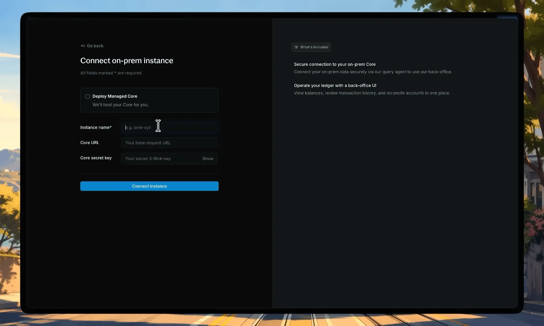 Instance form with name, Core URL, and secret key