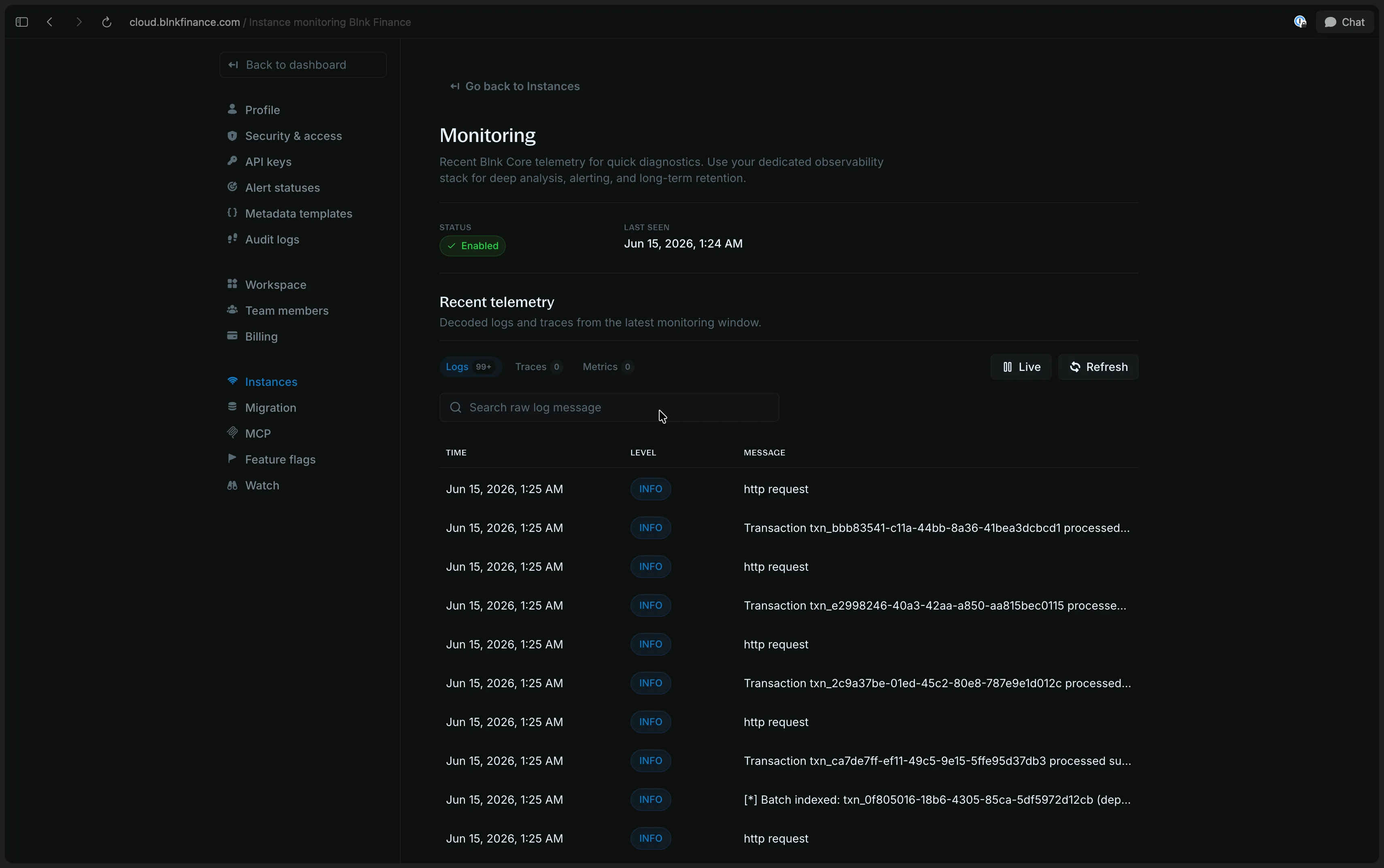 Blnk Cloud monitoring workspace showing log lines from the server and worker