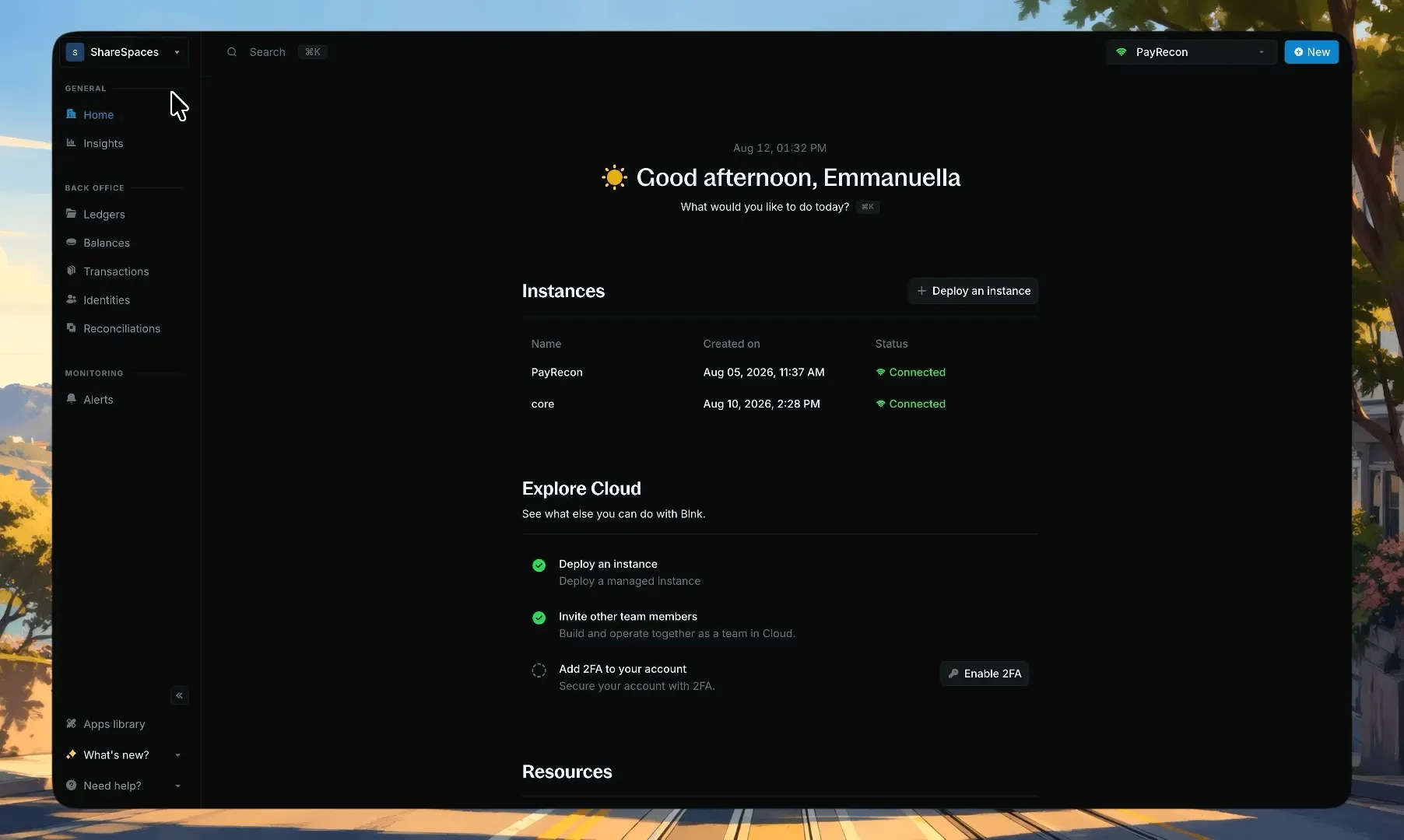 Settings, Instances, with Deploy an instance