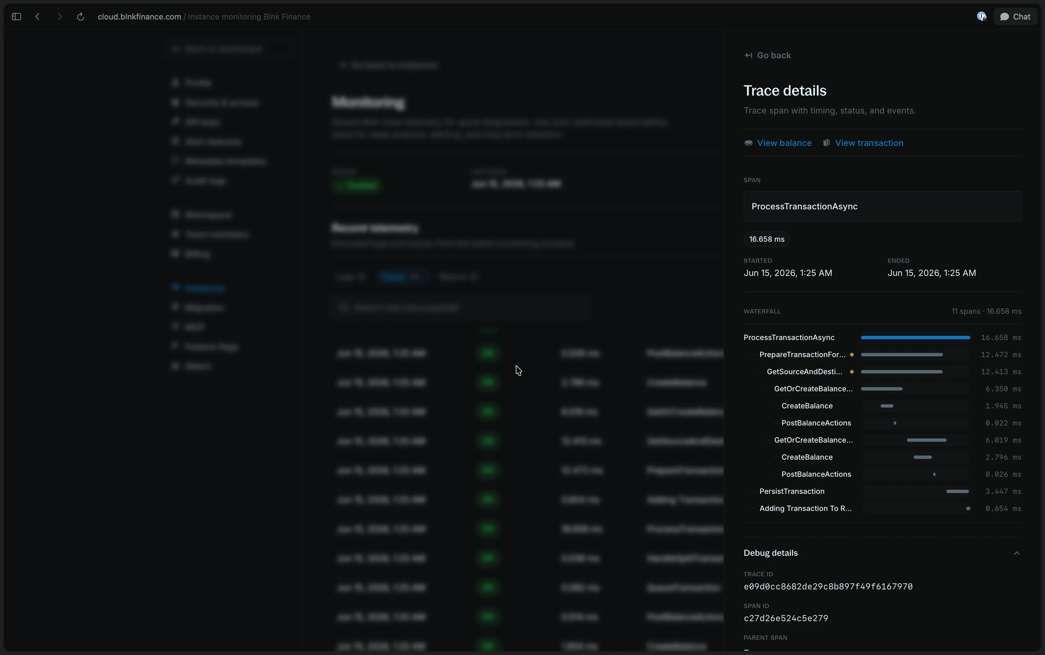 Blnk Cloud monitoring workspace showing a distributed trace timeline