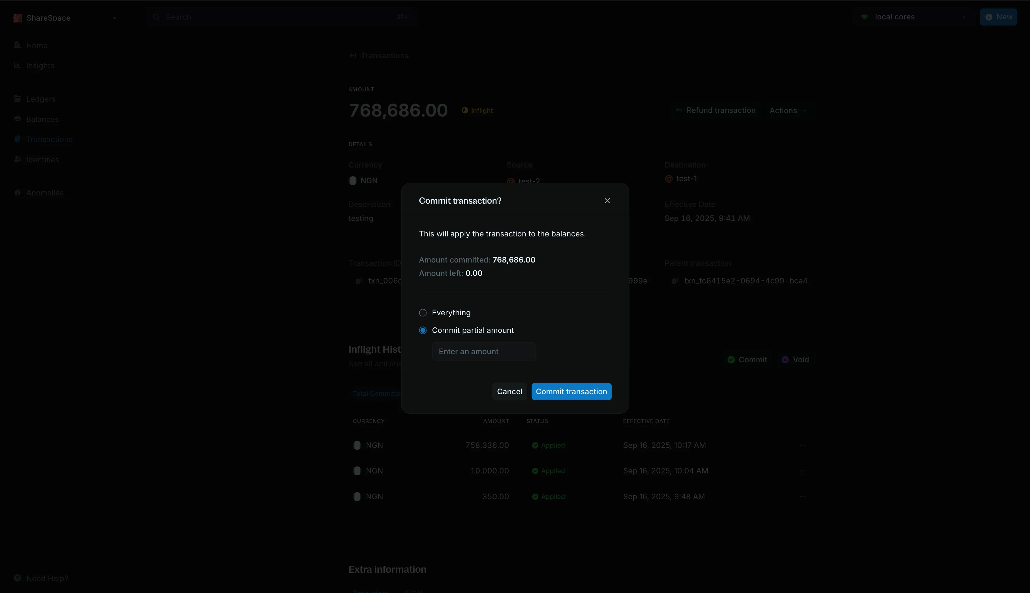 Commit transaction modal