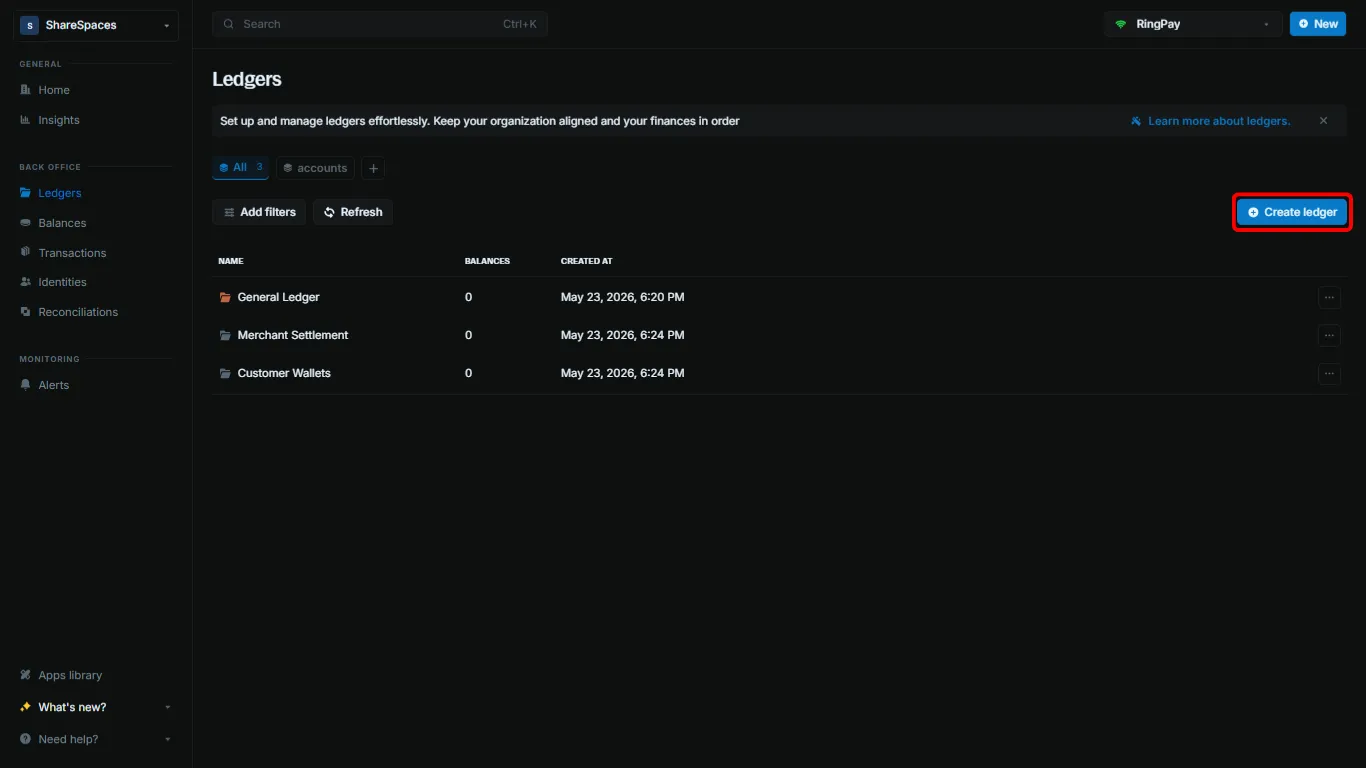 Ledgers table with Create ledger in the header