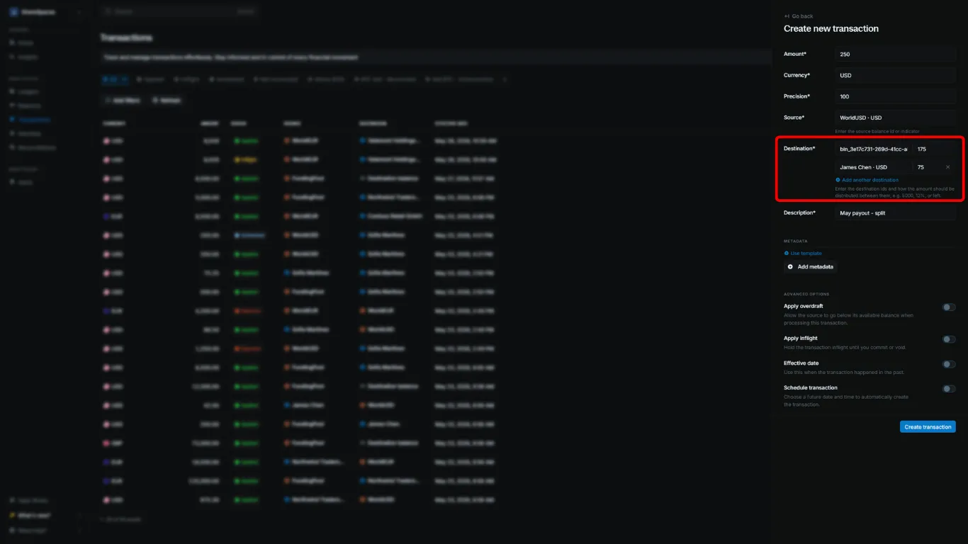 Create transaction form with multiple destinations