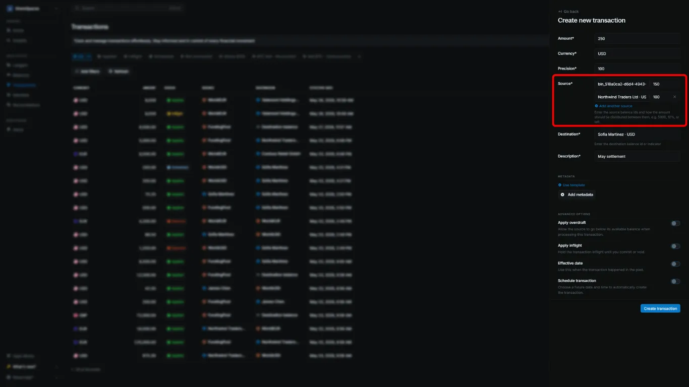 Create transaction form with multiple sources