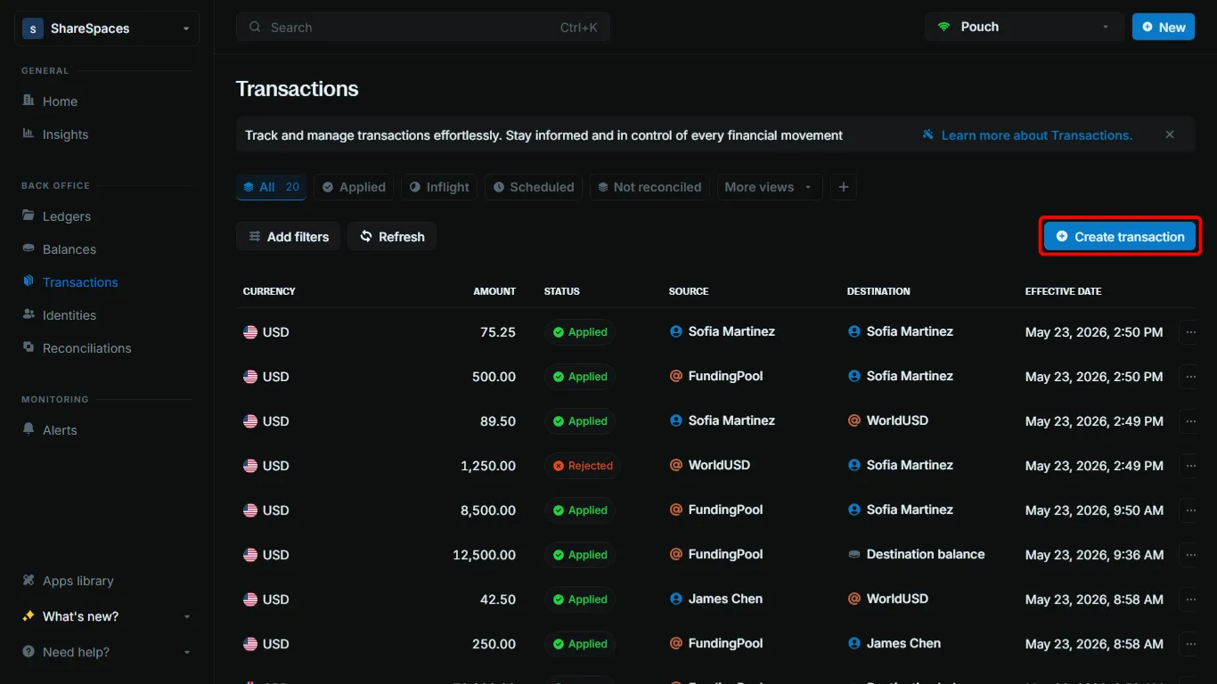 Transactions table with Create transaction