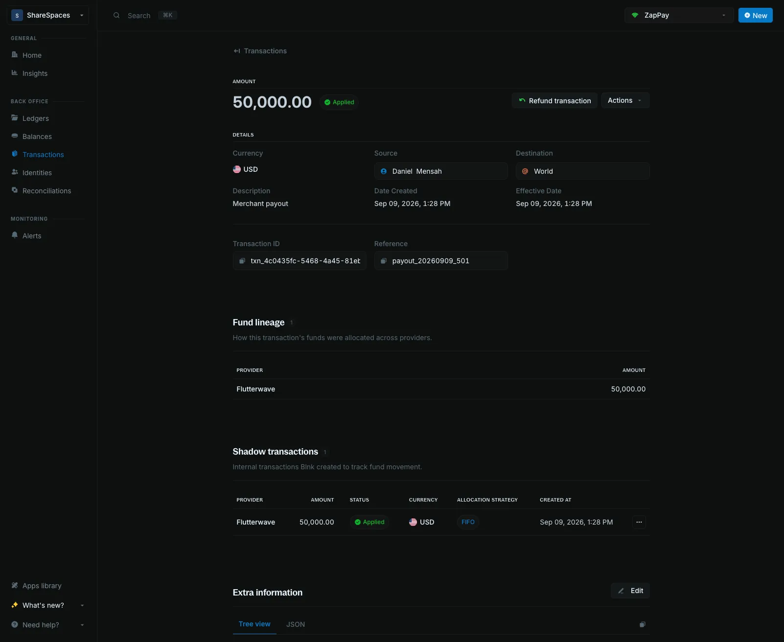 Debit with fund lineage and shadow transactions