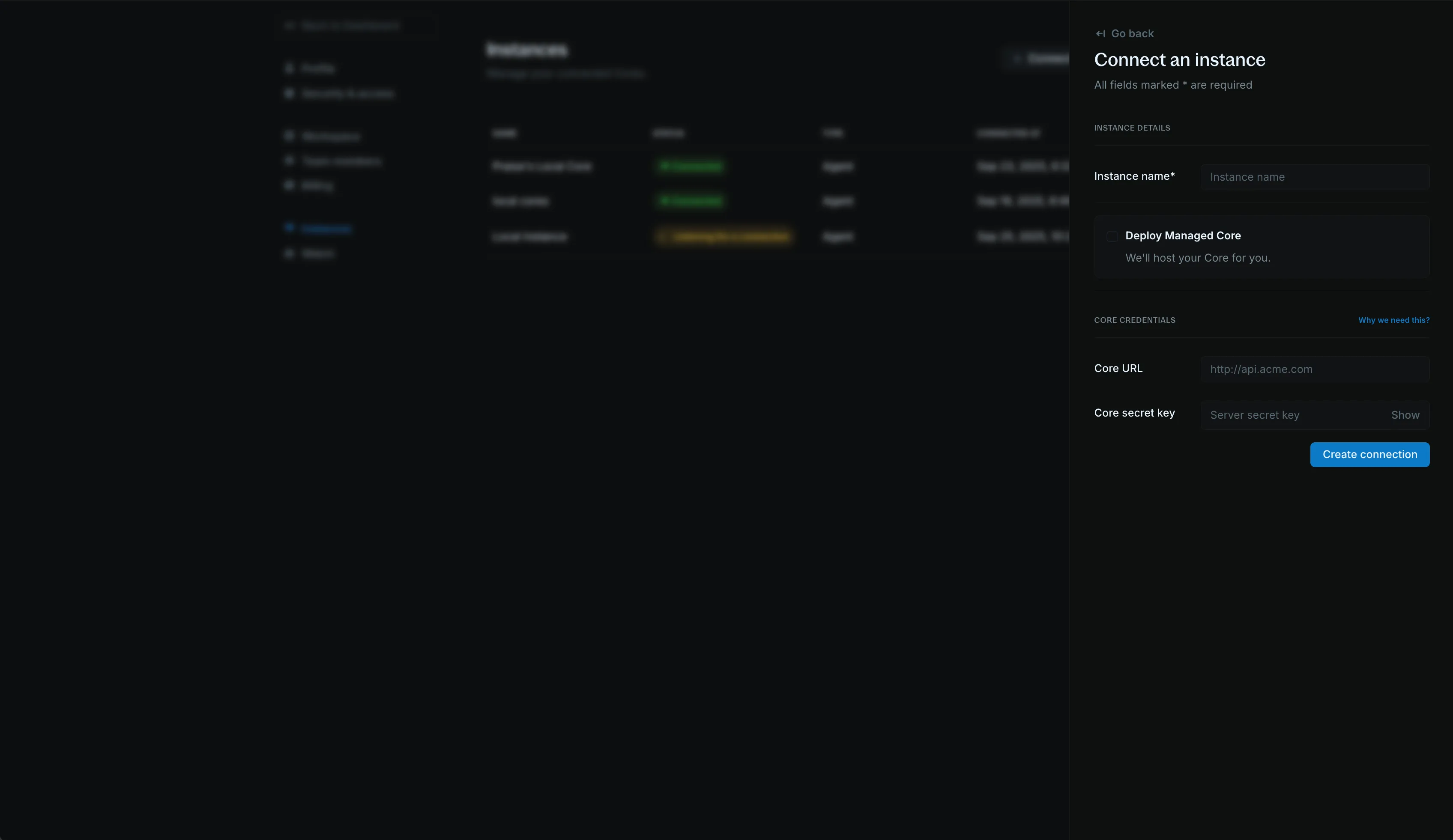Connect an instance form with Core URL and secret key