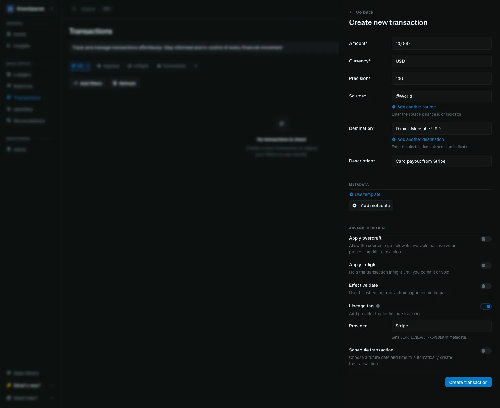 Create transaction form with Lineage tag
