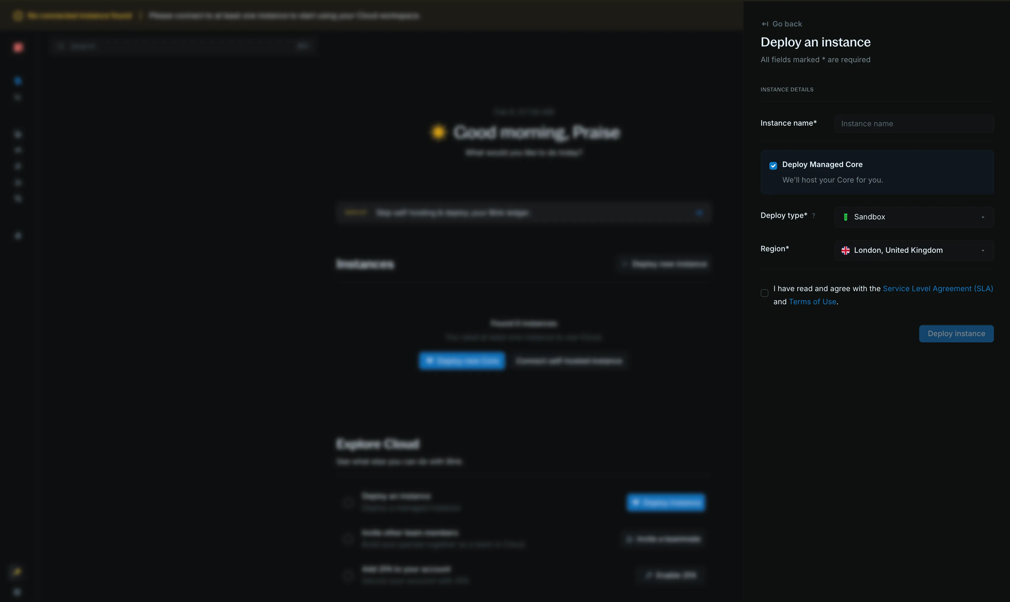 Instance form with Deploy managed Core