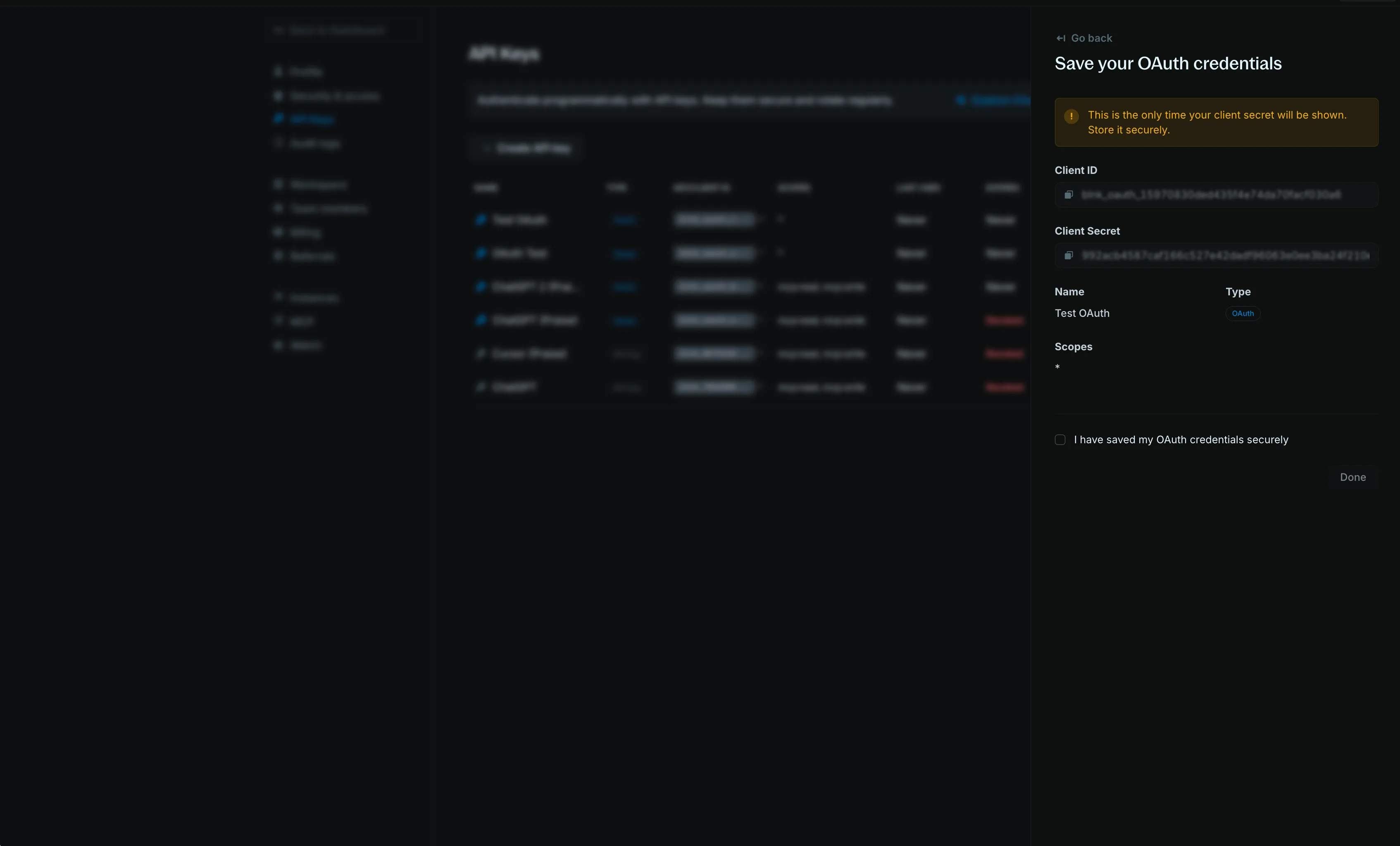 OAuth credentials panel showing Client ID, Client Secret, and a warning to store them
