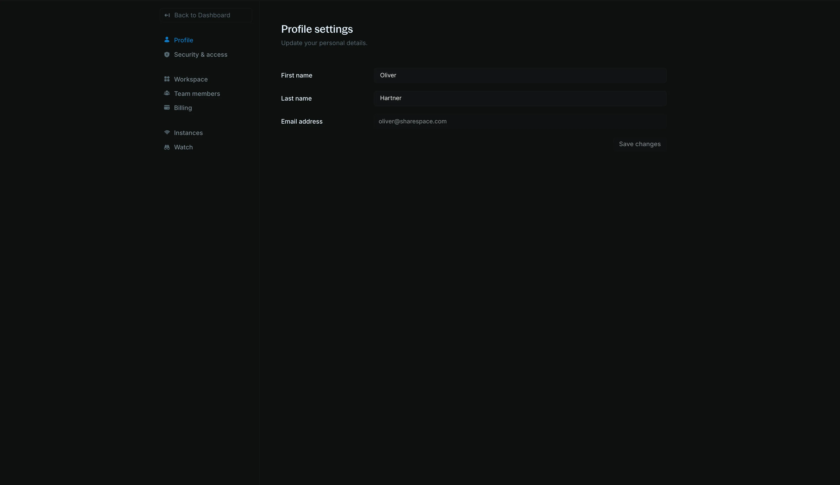 Profile settings page showing user account management interface