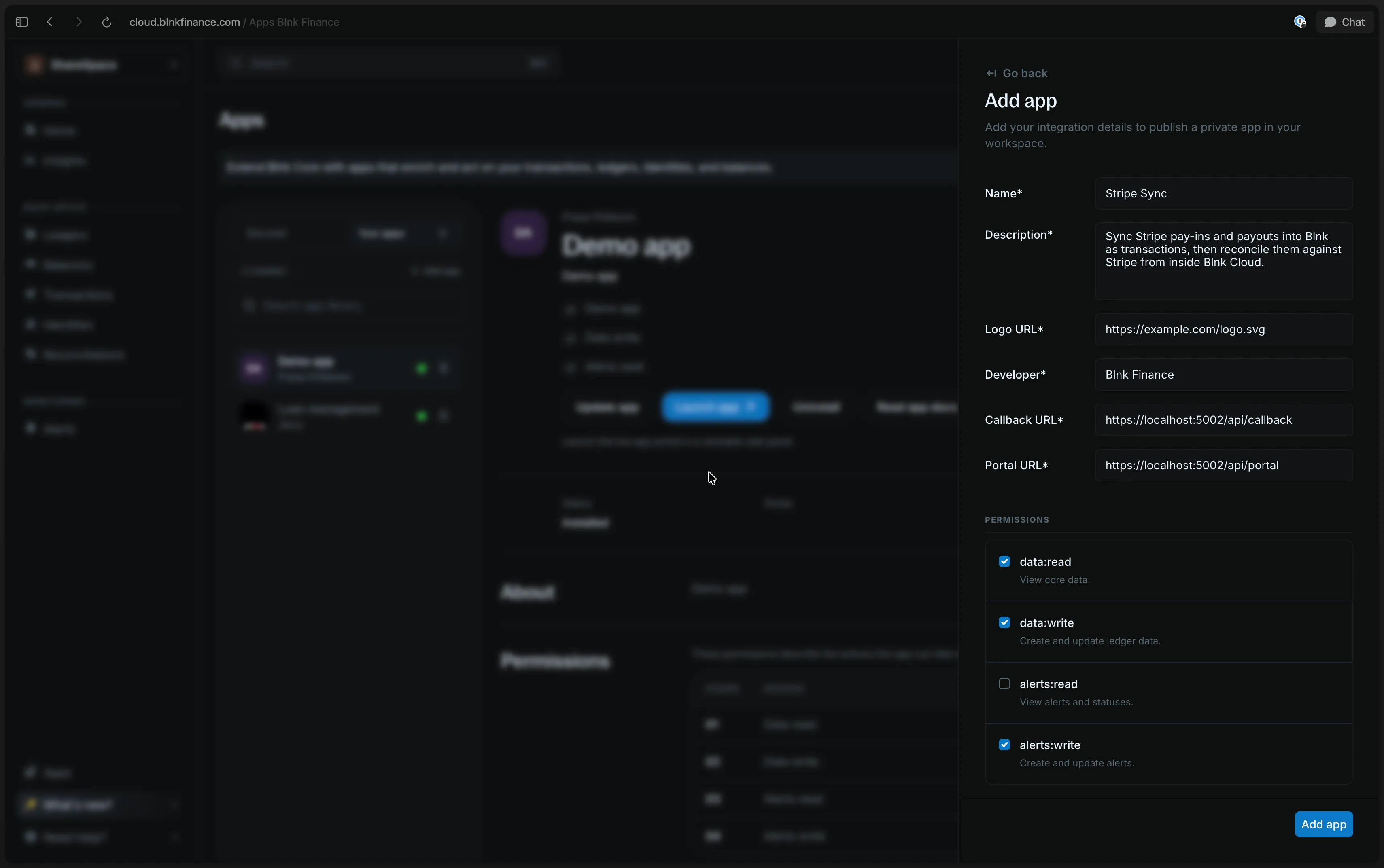 Example manifest for the Stripe Sync demo app showing display name, callback URL, portal URL, and permissions