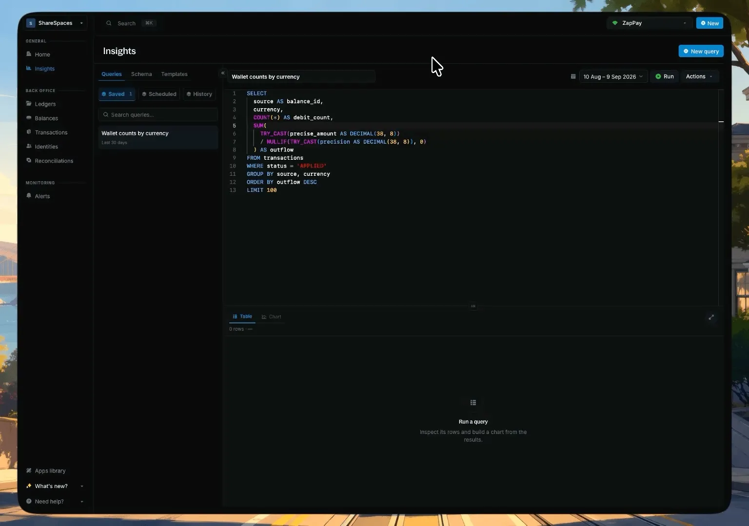 Open Actions, choose Schedule query, pick a preset and timezone, then save the schedule