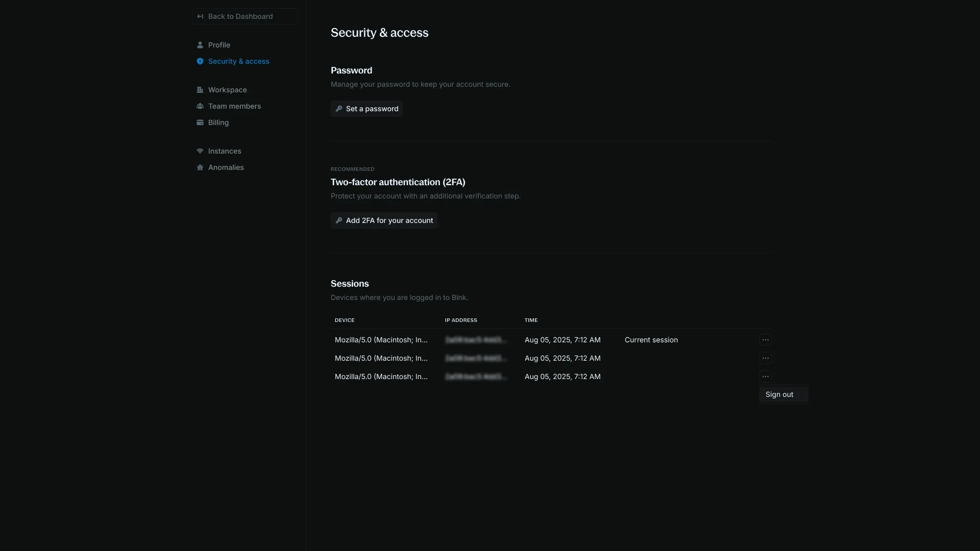 Security and Access settings page overview
