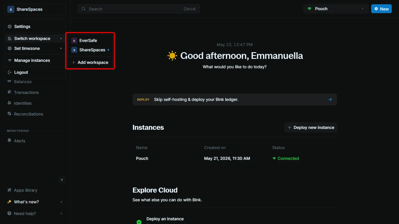 Switch workspace list showing available workspaces with the current one highlighted
