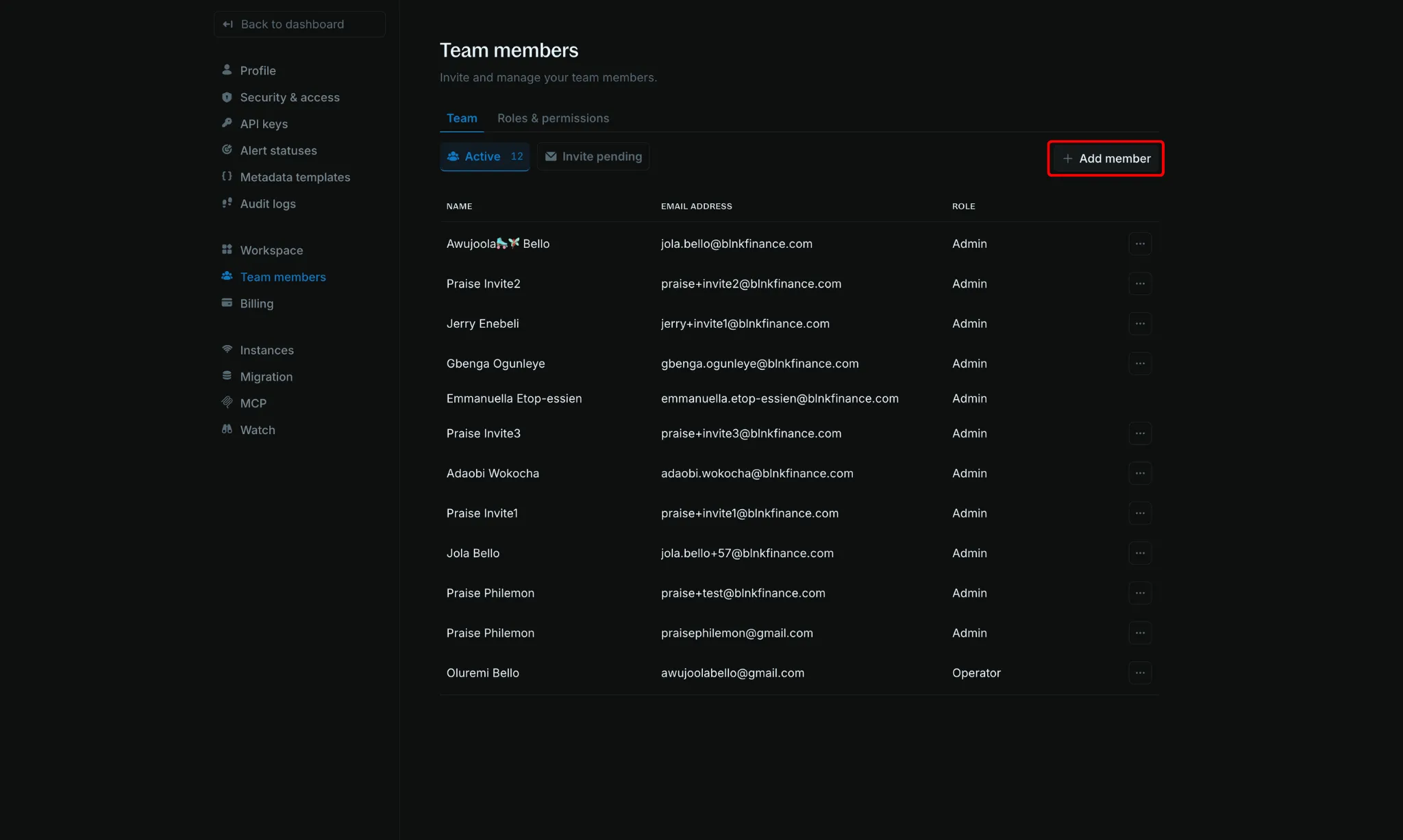 Team members page with the Add member button highlighted