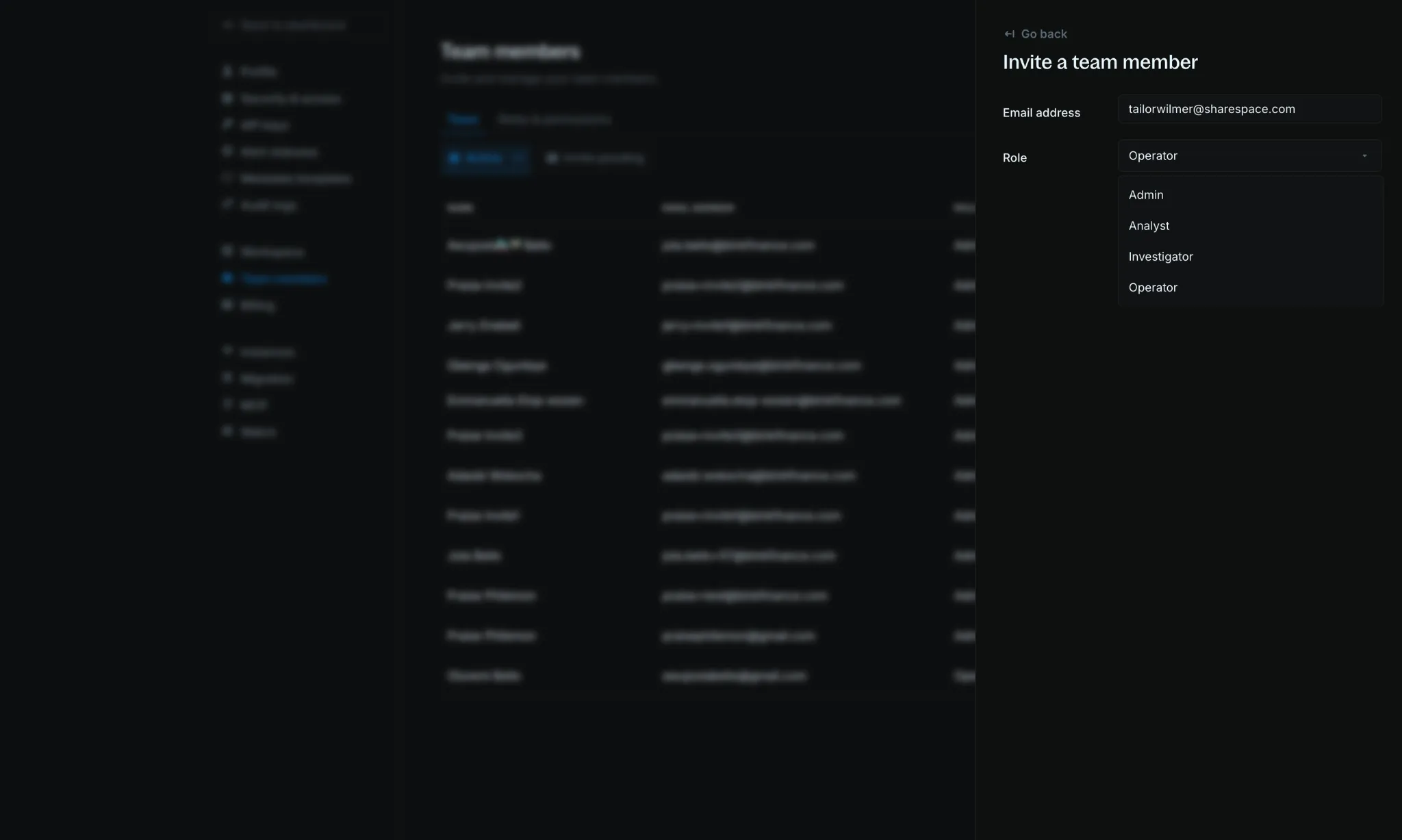 Role dropdown showing Admin, Operator, Investigator, and Analyst
