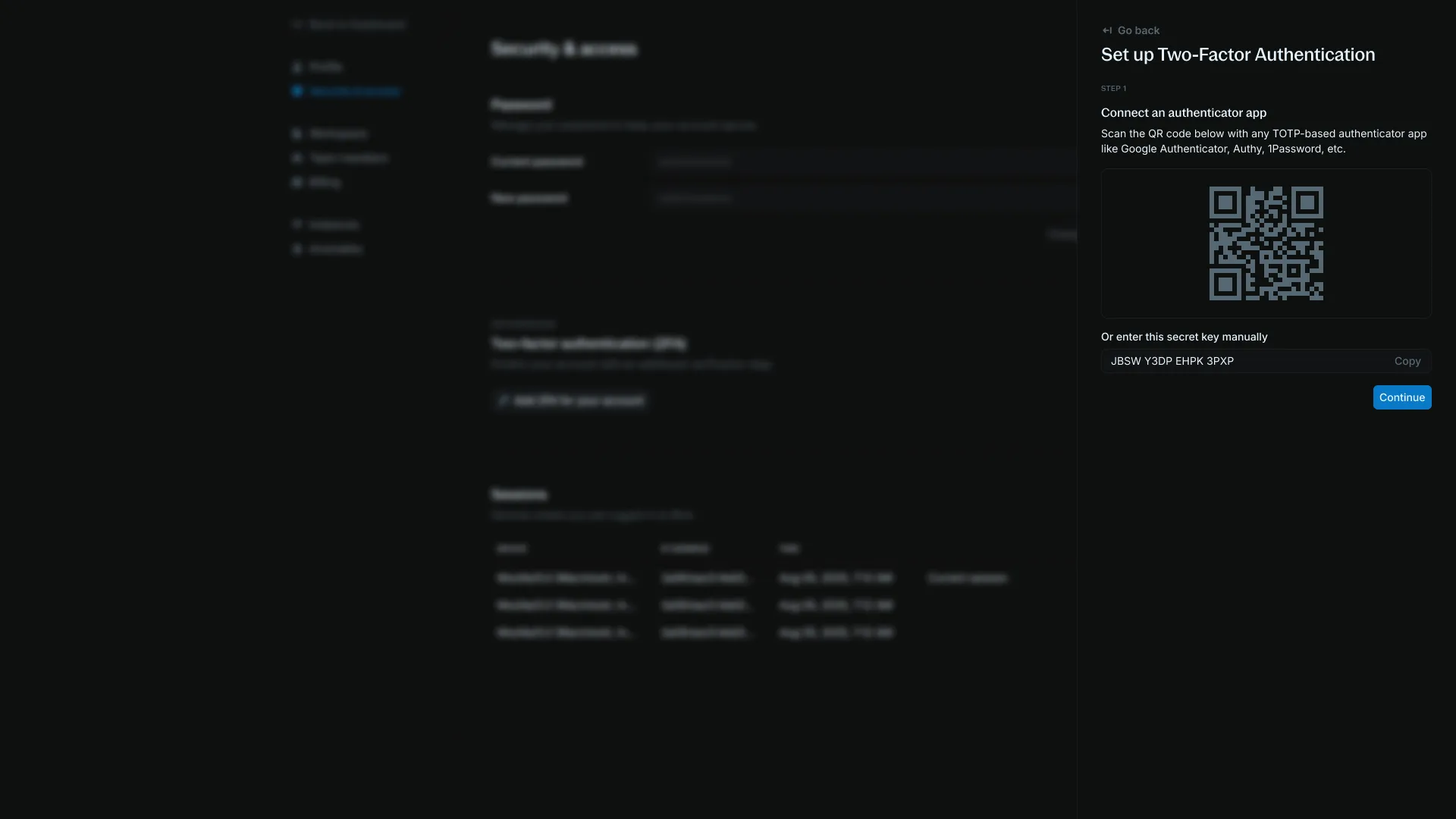 Two-factor authentication setup with authenticator app instructions