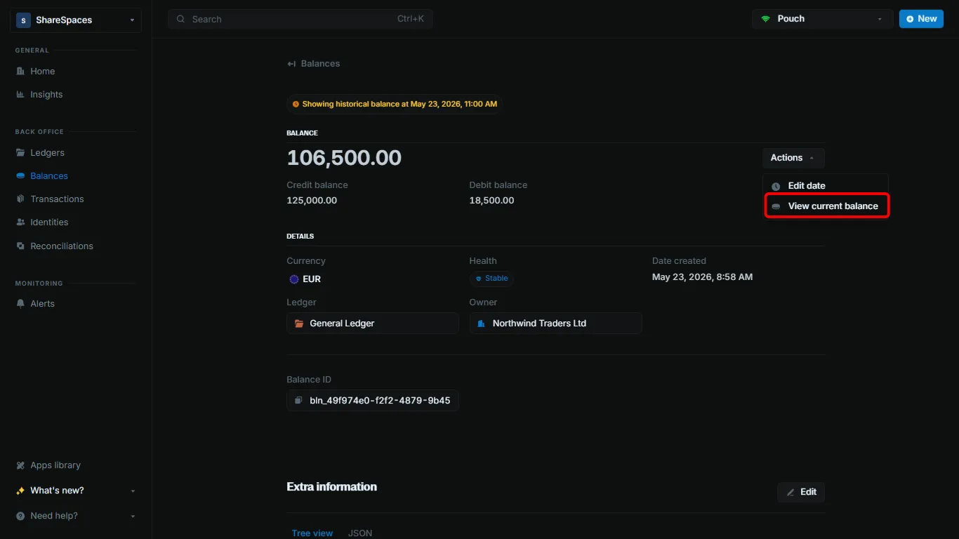 Actions menu with View current balance