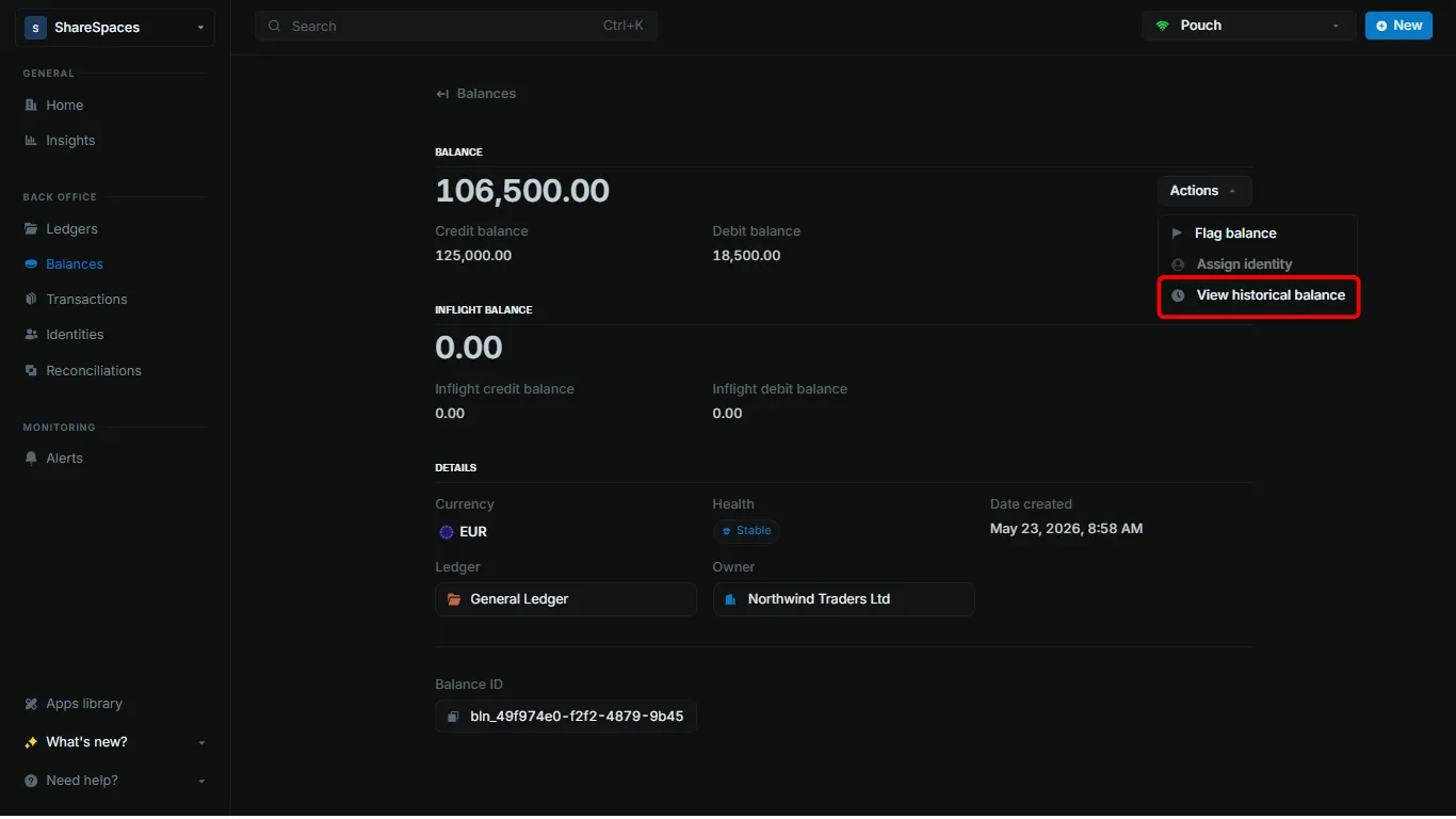 Actions menu with View historical balance