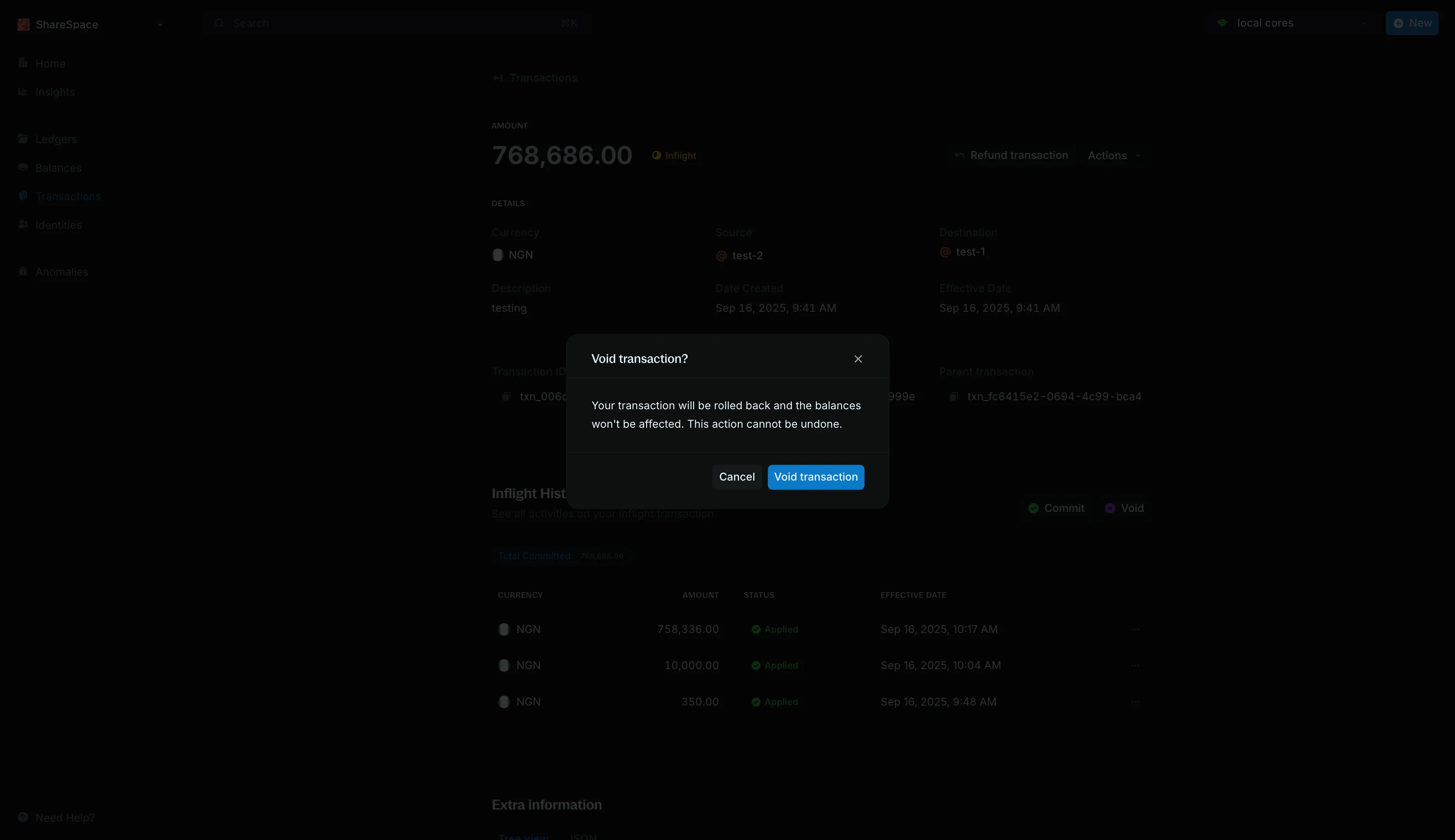Void transaction confirmation