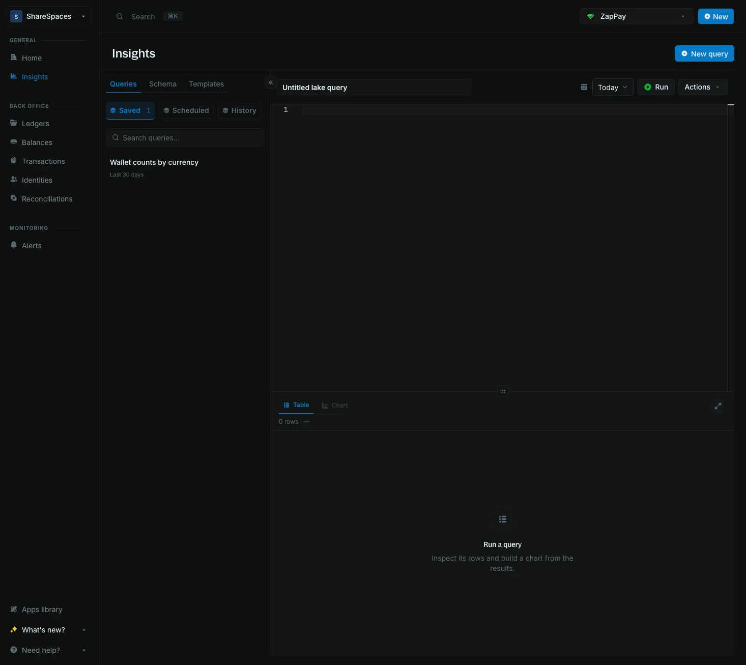 Insights workbench after New query, with Untitled lake query and the Queries tab open