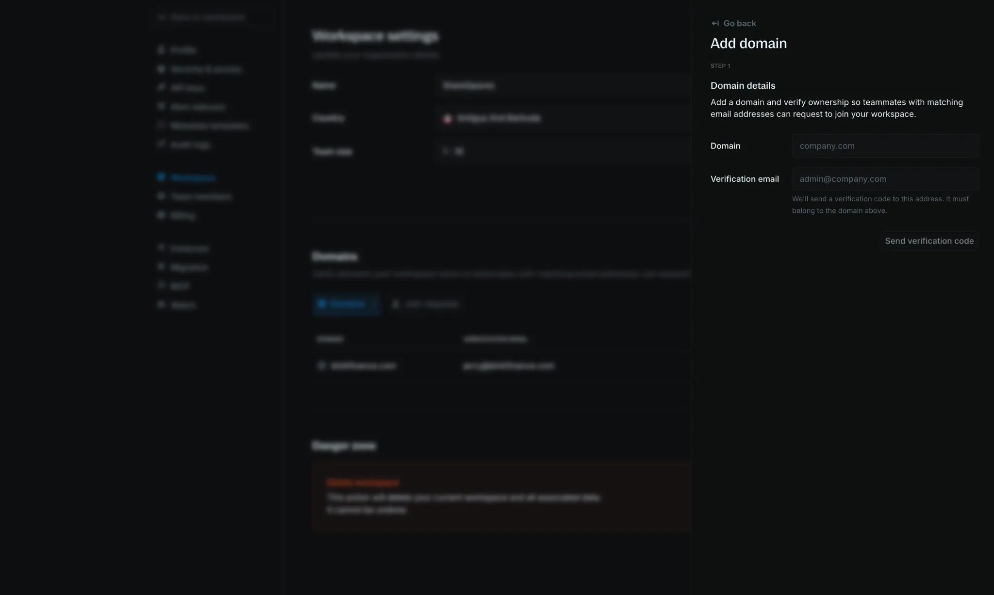 Add domain side panel with Domain and Verification email fields
