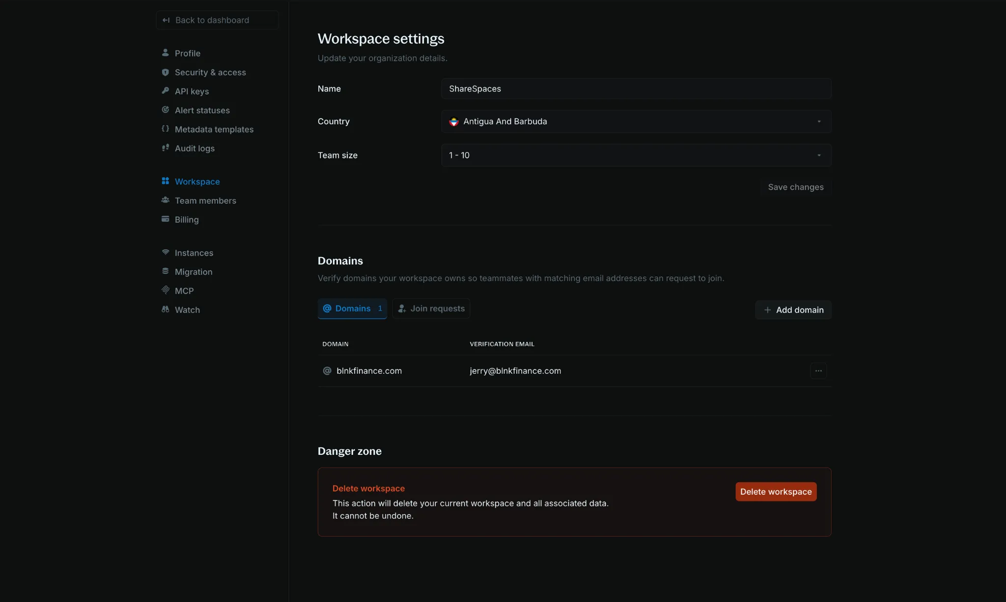 Workspace settings page showing organization details and the Domains section